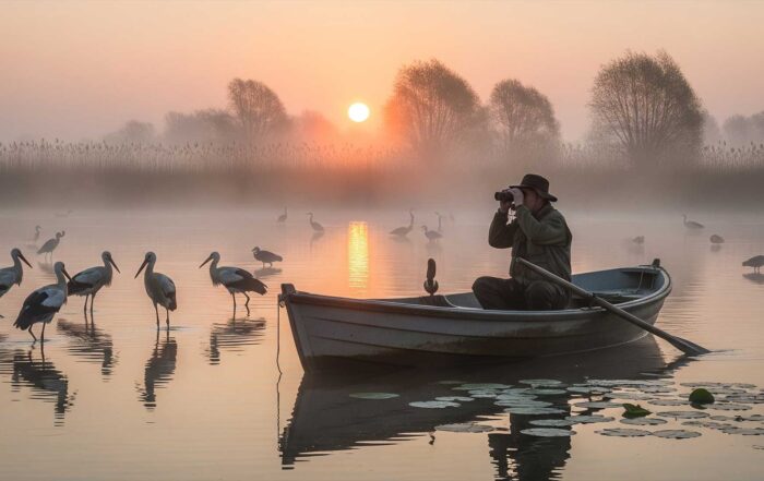 Polska – wędkarz w łodzi o wschodzie słońca, stado żurawi