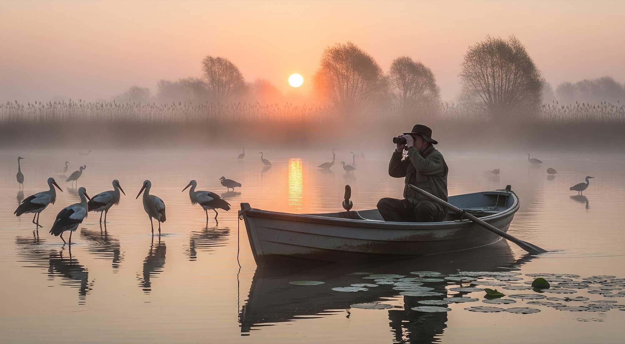 Polska – wędkarz w łodzi o wschodzie słońca, stado żurawi